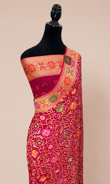 Handwoven Rani Pure Georgette Bandhani Banarasi Saree - Meenakari Work