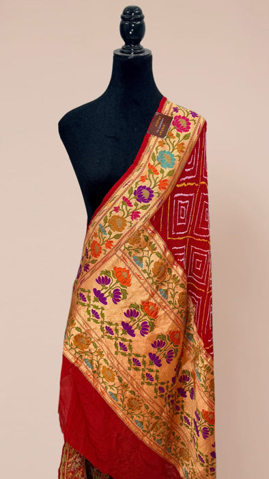 Red Pure Georgette Bandhani Banarasi Handloom Dupatta