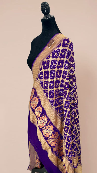 Purple Pure Georgette Bandhani Banarasi Handloom Dupatta