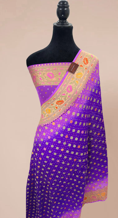 Handwoven Purple Pure Georgette Bandhani Banarasi Saree - Meenakari Work