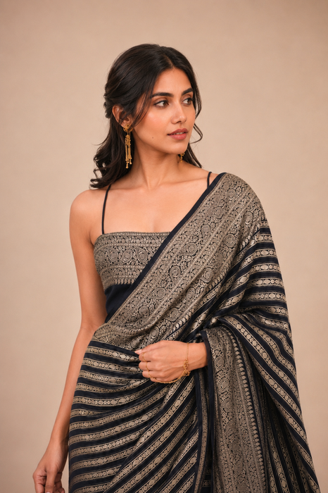 Black Khaddi Georgette Banarasi Handloom Saree - Antique Zari