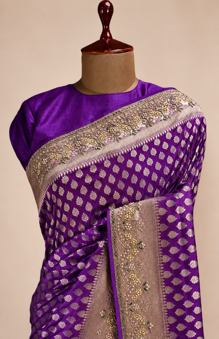 Purple Pure Katan Banarasi Handloom Saree - With Sarowski and Zardozi Work