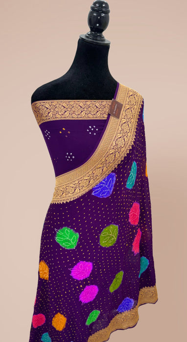 Handwoven Pure Georgette Bandhani Banarasi Saree - Meenakari Work