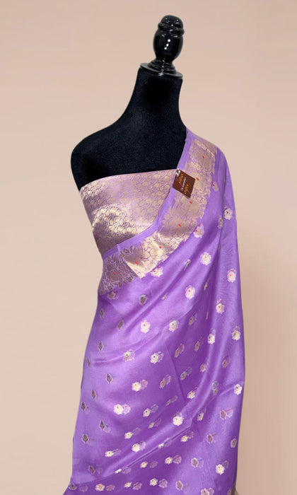Lavender Pure Kora Banarasi Handloom Saree - Meenakari Motifs