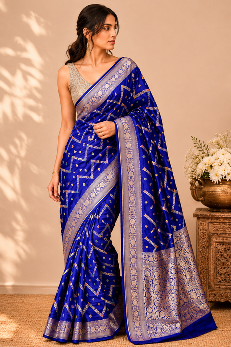 Blue Pure Katan Banarasi Handloom Saree - Meenakari Work