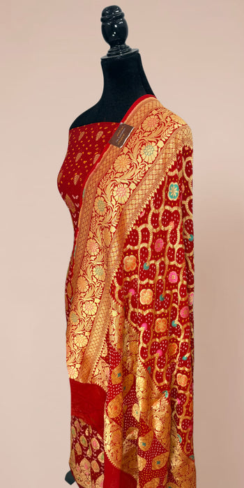 Red Pure Khaddi Georgette Banarasi Bandhani Suit - Meenakari