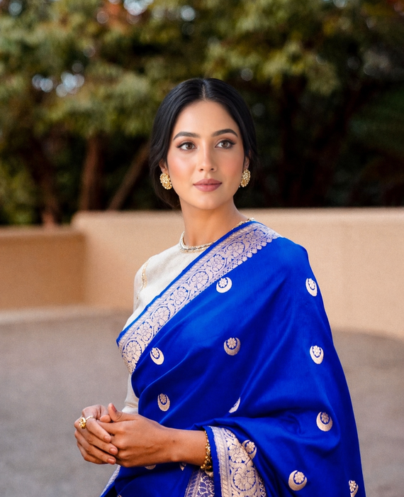 Royal Blue Pure Katan Banarasi Handloom Saree - Designer Chand Buta