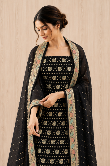 Black Pure Khaddi Georgette Banarasi Suit - Handfilled Meenakari