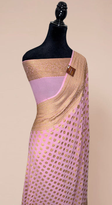 Pink Pure Khaddi Georgette Banarasi Handloom Saree - Antique Zari