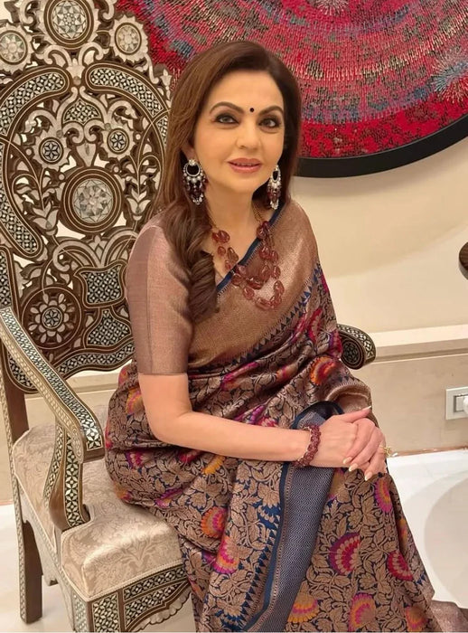 Nita Ambani Midnight Pure Katan Banarasi Handloom Saree - Antique Zari With Meenakari
