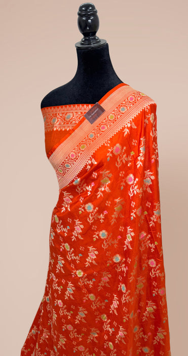Orange Pure Katan Banarasi Handloom Saree - Meenakari Jaal Work