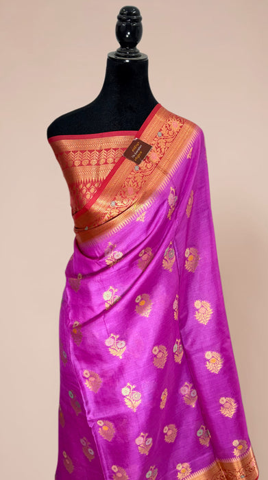 Fuchsia Desi Tussar Banarasi Handloom Saree - Meenakari Motifs