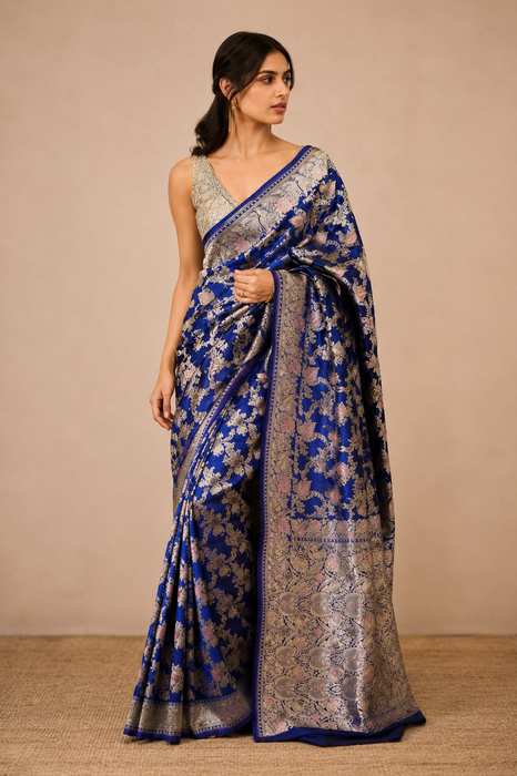 Royal Blue Pure Katan Banarasi Handloom Saree - Sona Meenakari Jaal Work