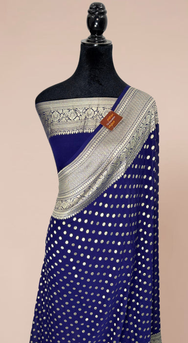Navy Blue Khaddi Georgette Banarasi Handloom Saree - Water Zari