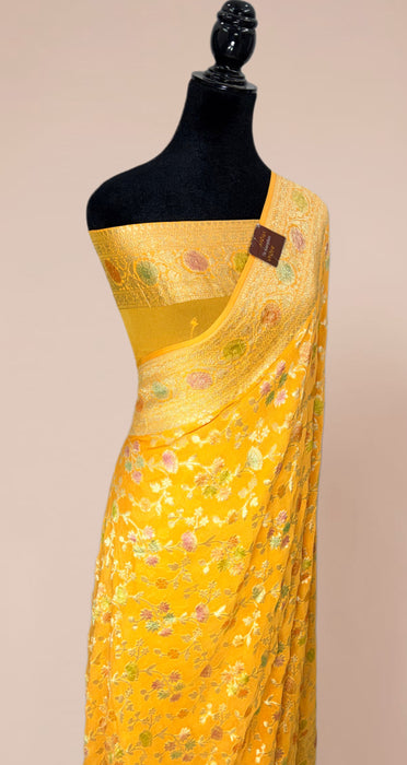 Yellow Pure Khaddi Georgette Banarasi Handloom Saree - Hand Filled Meenakari