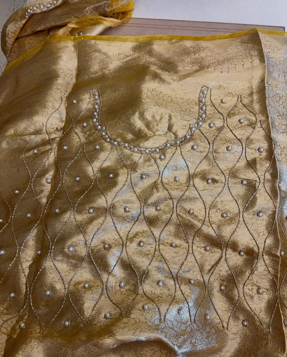 Yellow Pure Banarasi Tissue Handloom Saree - Handwork