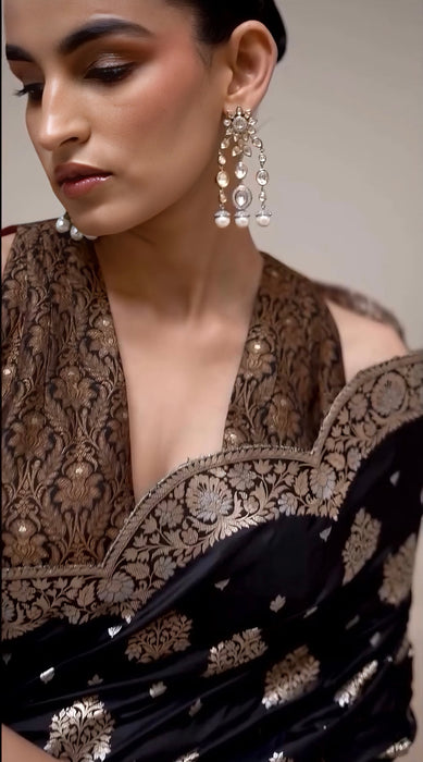 Black Pure Katan Banarasi Handloom Saree - Sona Roopa motifs