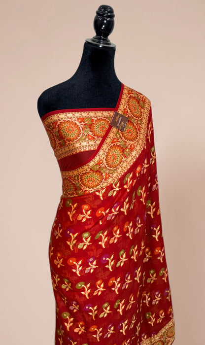 Maroon Pure Khaddi Chiffon Banarasi Saree