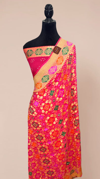 Handwoven Pure Georgette Bandhani Banarasi Saree - Meenakari Work
