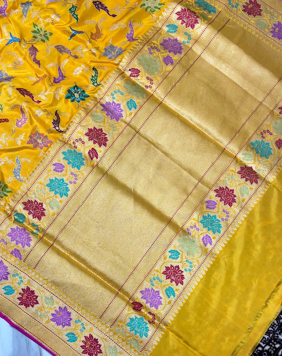 Yellow Ektara Pure Katan Silk Banarasi Handloom Saree - Kadhiyal Jangla with Tested Zari