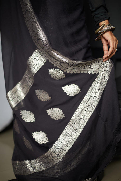 Black Pure Kadhwa Chiffon Georgette Banarasi Saree - Silver Zari