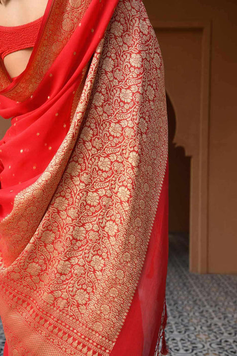 Crimson Red Khaddi Georgette Banarasi Handloom Saree - Gold Zari