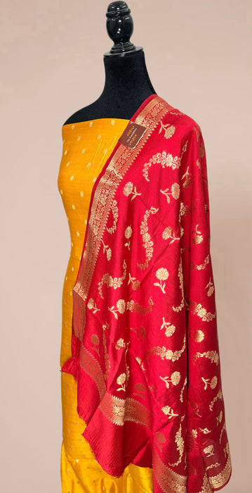 Red and Yellow Pure Chiniya Silk Banarasi Suit - Meenakari
