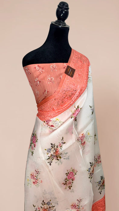 Off White and Peach Pure Organza Banarasi Handloom Saree - Chikankari with Digital Print
