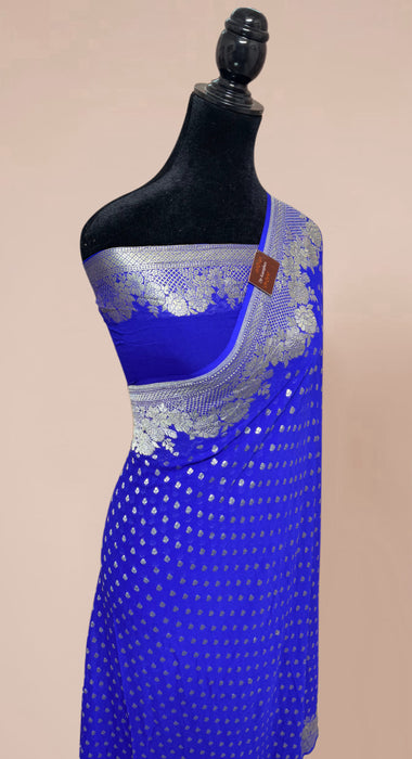 Royal Blue Khaddi Georgette Banarasi Handloom Saree - Water Zari