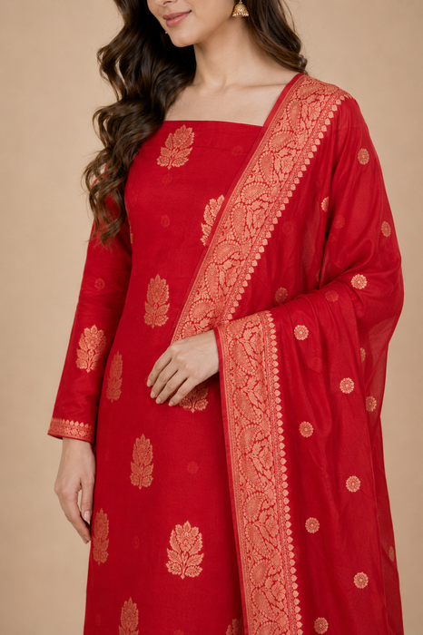 Red Pure Khaddi Georgette Banarasi Suit