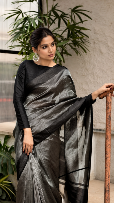 Black Pure Banarasi Tissue Handloom Saree - Designer Satin Border