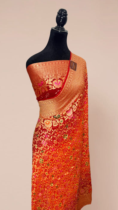 Handwoven Orange Pure Georgette Bandhani Banarasi Saree - Meenakari Work
