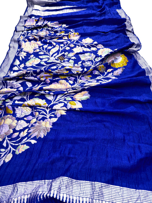 Royal Blue Pure Tussar Georgette Banarasi Handloom Saree - Designer Meenakari