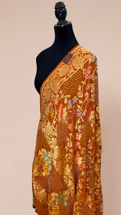 Rust Mustard Pure Georgette Bandhani Banarasi Handloom Dupatta