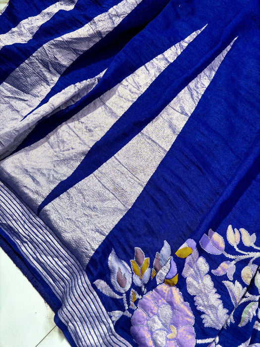 Royal Blue Pure Tussar Georgette Banarasi Handloom Saree - Designer Meenakari
