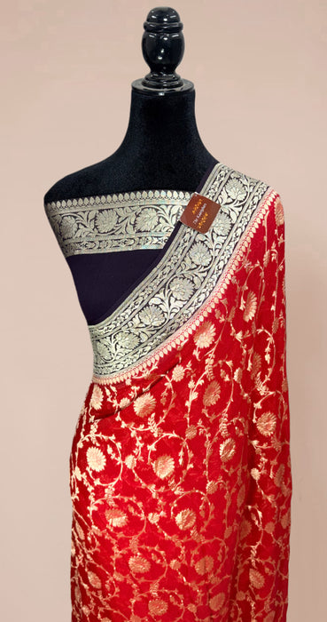 Red Khaddi Georgette Banarasi Handloom Saree - Water Zari Jaal