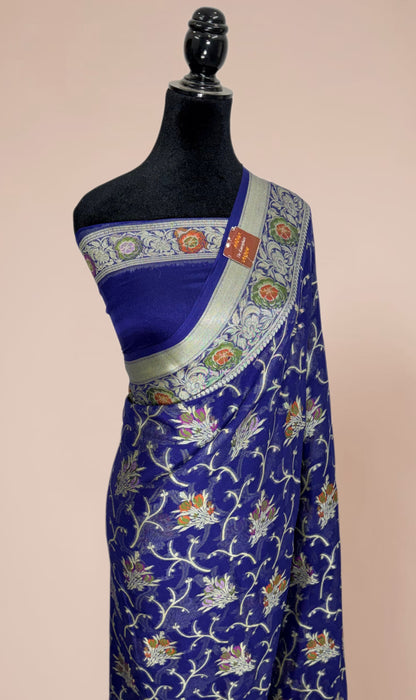 Blue Pure Khaddi Chiffon Banarasi Saree