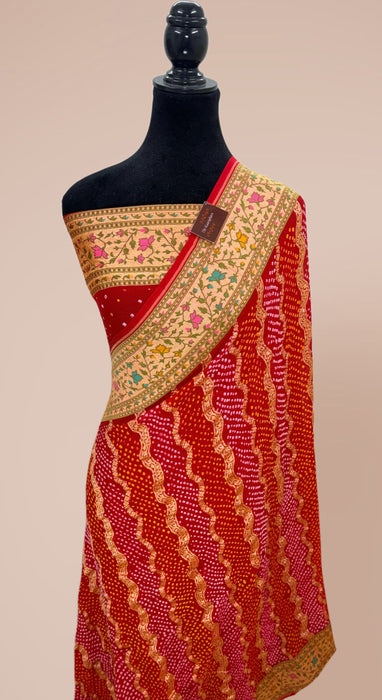 Handwoven Red Pure Georgette Bandhani Banarasi Saree - Meenakari Work