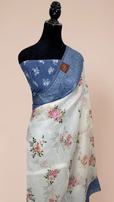 Pure Organza Banarasi Handloom Saree - Chikankari with Digital Print