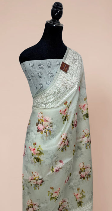 Powder Gray Pure Organza Banarasi Handloom Saree - Chikankari with Digital Print