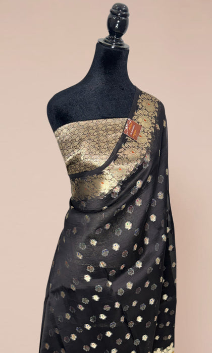 Black Pure Kora Banarasi Handloom Saree - Meenakari Motifs