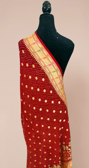 Red Pure Georgette Bandhani Banarasi Handloom Dupatta