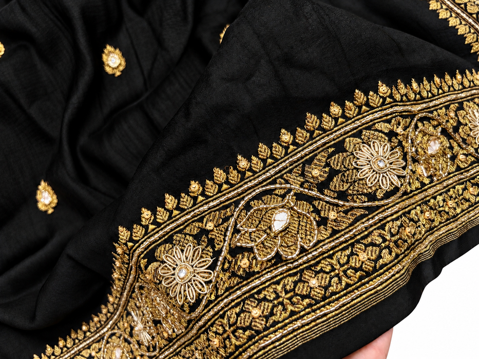 Black Pure Tussar Banarasi Handloom Saree - With Zardozi Work