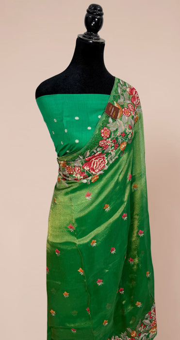 Green Pure Tissue Banarasi Handloom Saree - Chikankari