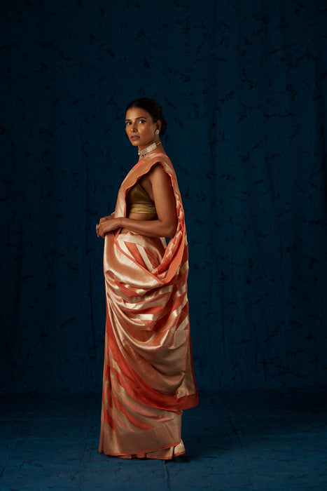 Orange Khaddi Georgette Banarasi Handloom Saree - Hand Rangkat Meenakari