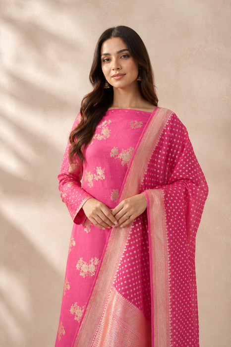 Hot Pink Pure Khaddi Georgette Banarasi Suit