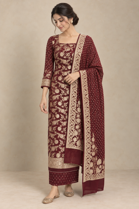 Brown Pure Khaddi Georgette Banarasi Suit