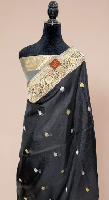 Black Pure Kora Banarasi Handloom Saree - Sona Roopa Motifs