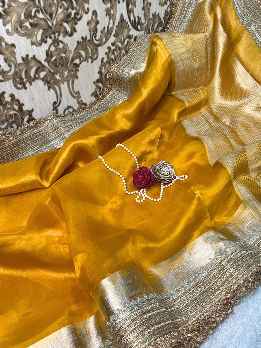 Mustard Pure Banarasi Tissue Handloom Saree - Designer Reshmi Zari
