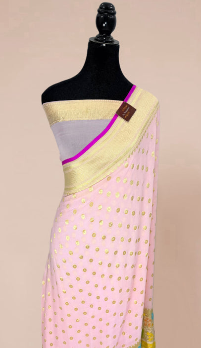 Pink Khaddi Georgette Banarasi Handloom Saree - Hand Filled Meenakari